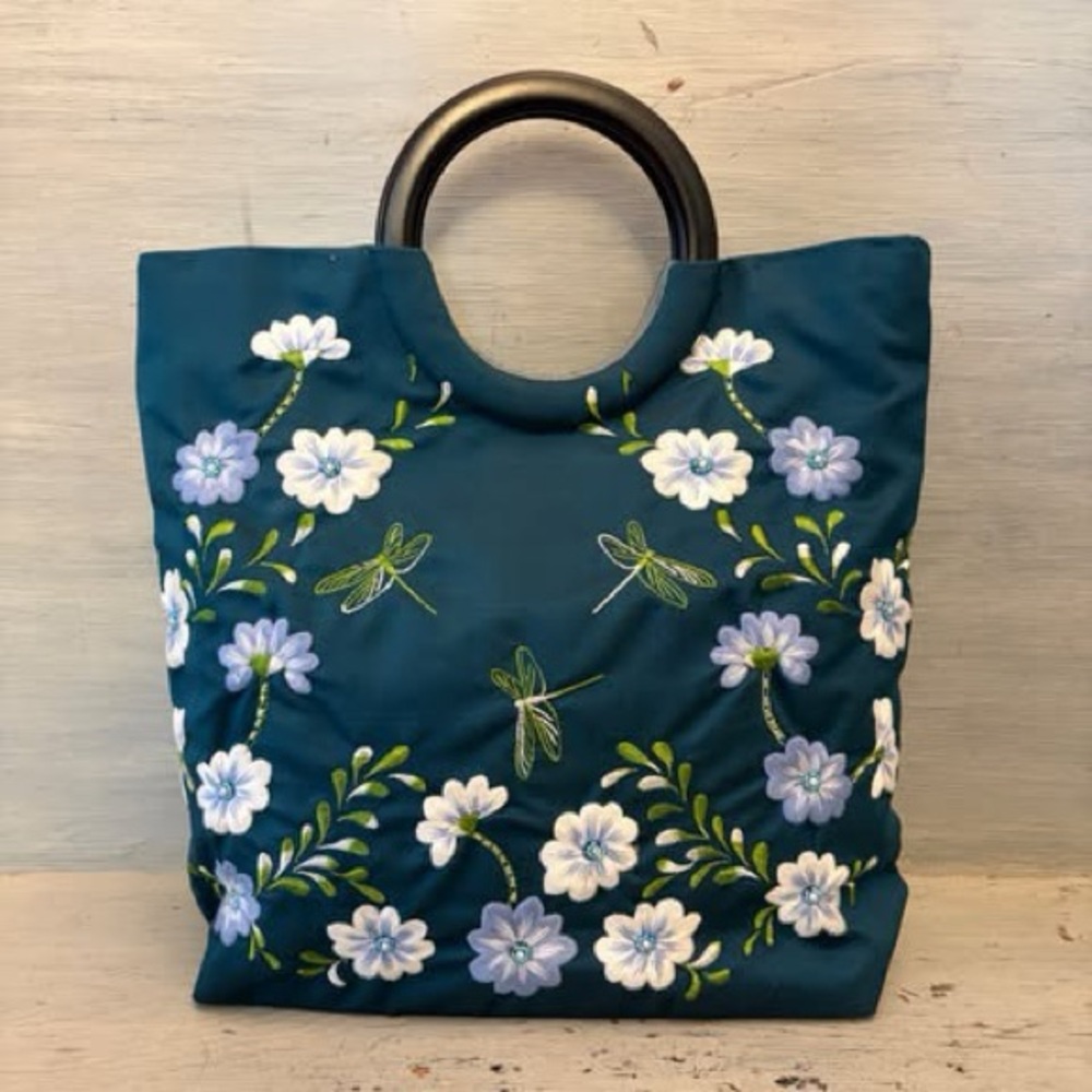 Embroidered Beaded‎ Flower Dragonfly Blue Green Handbag Purse  New